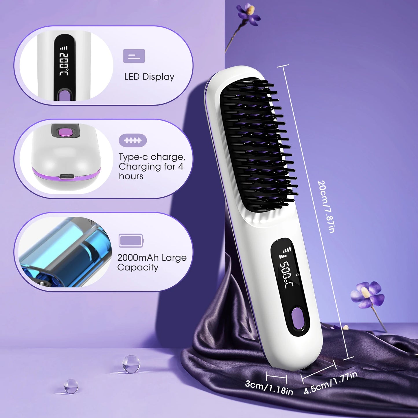 Hair Straightener Brush For Women Fast Heating Ceramic Anti-scalding Design 160-200°C Adjustable Temperature For All Hair Types