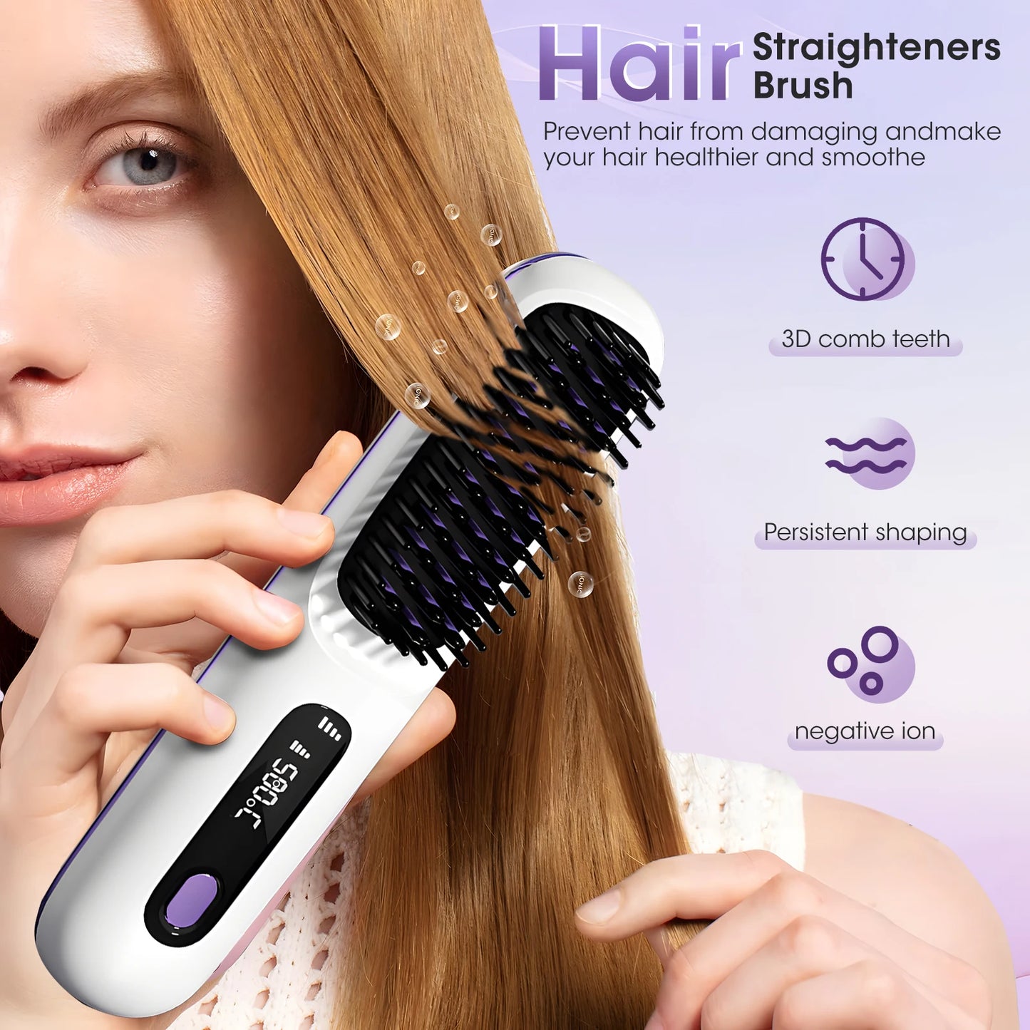 Hair Straightener Brush For Women Fast Heating Ceramic Anti-scalding Design 160-200°C Adjustable Temperature For All Hair Types